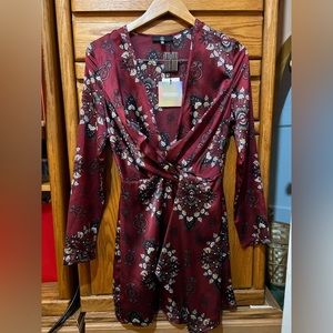 Burgundy wrap dress.